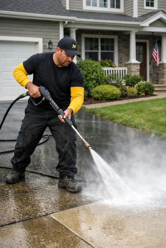 Professional pressure washing driveway cleaning on a Connecticut property