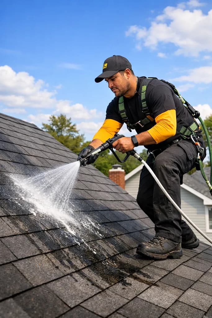 Professional roof cleaning and algae removal on a Connecticut home