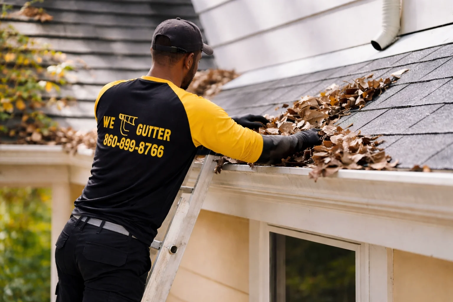 Professional gutter cleaning team servicing a Connecticut home in fall season